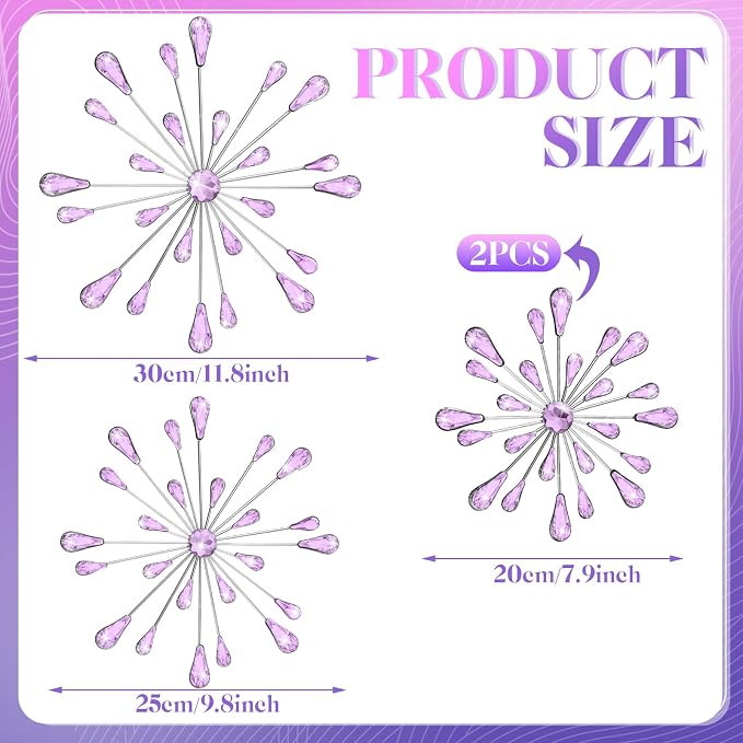 Hicarer 4 Pcs Starburst Wall Decor Bling Wall Art Crystal Teardrop 3D Hanging Rhinestone Radial Metal Artwork Modern Accent Sculptures Decorations for Living Room Home Office Bedroom(Purple)