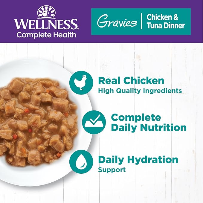 Wellness Complete Health Gravies Adult Canned Wet Cat Food, Natural, Protein Rich, Grain Free, Chicken and Tuna Dinner Recipe, 5.5 oz, Pack of 12 Cans