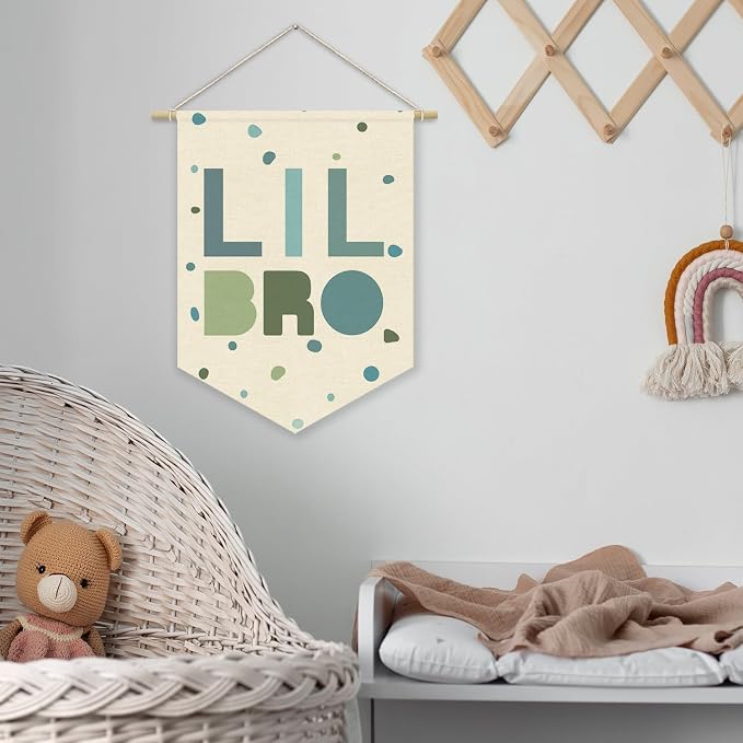 Boy Nursery Decor Canvas Banner, Brothers Playroom Wall Art Decorations, Boho Twin Room Sign, Lil Bro Big Bro, Sage Green Blue Kids Room Sibling Wall Hanging Pennant Flag Banner