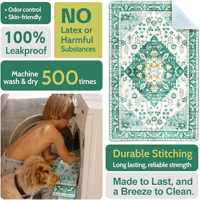 Washable Pee Pads for Dogs, 2 Pack Reusable Puppy Training Pads 48"x32" Super Absorbent Waterproof Dog Training Pads, Non-Slip Potty Pads, Whelping Pads Litter Mat Green Medallion