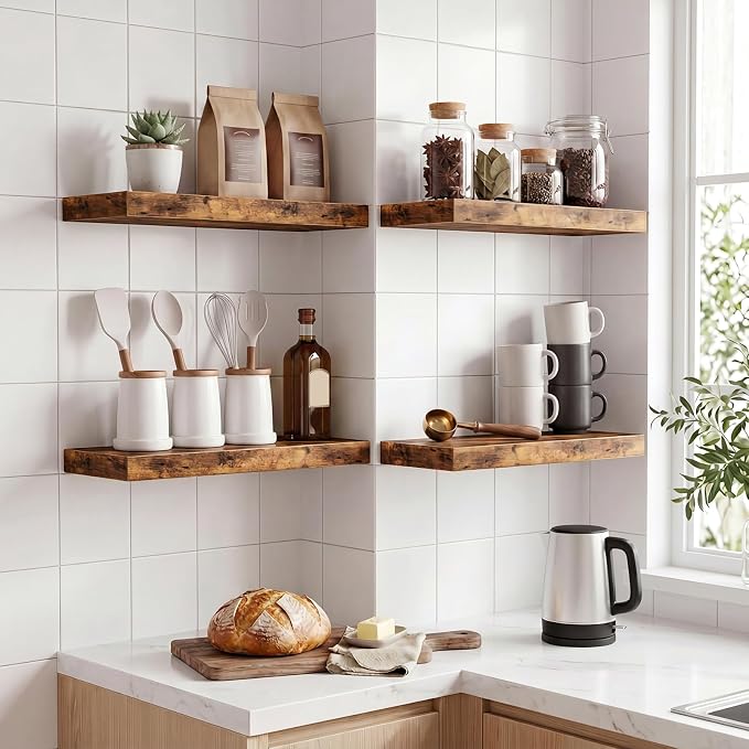 Fixwal Floating Shelves for Wall Decor (Rustic Brown, Set of 4, 15.7 Inch) | MDF Shelves with Metal Brackets, Space Saving for Books, Decor, Works in Bathroom, Kitchen, Living Room, Bedroom