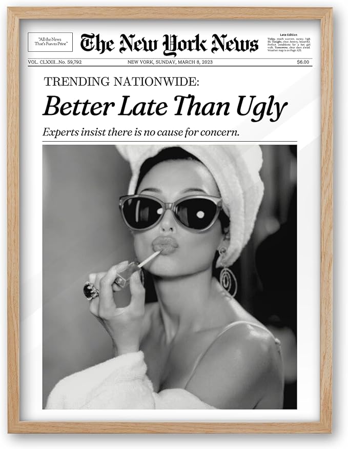 iHery 16x20in Audrey Hepburn Better Late Than Ugly Unframed Wall Art | Unframed Canvas Print, Vintage Fashion Wall Decor Poster for Bathroom, Bedroom, Apartment and Girl Dorm, 1Pack