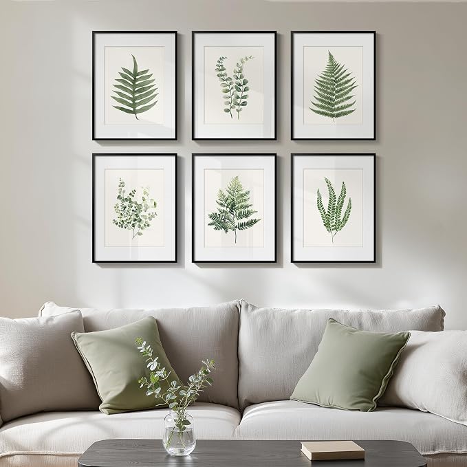 Framed Modern Green Tropical Fern Botanical Wall Art, 6 Piece 11x14 In | Leaf painting, Plant leaves wall decor, Plexiglass with mat prints, Ready to hang artwork, Living room bedroom pictures