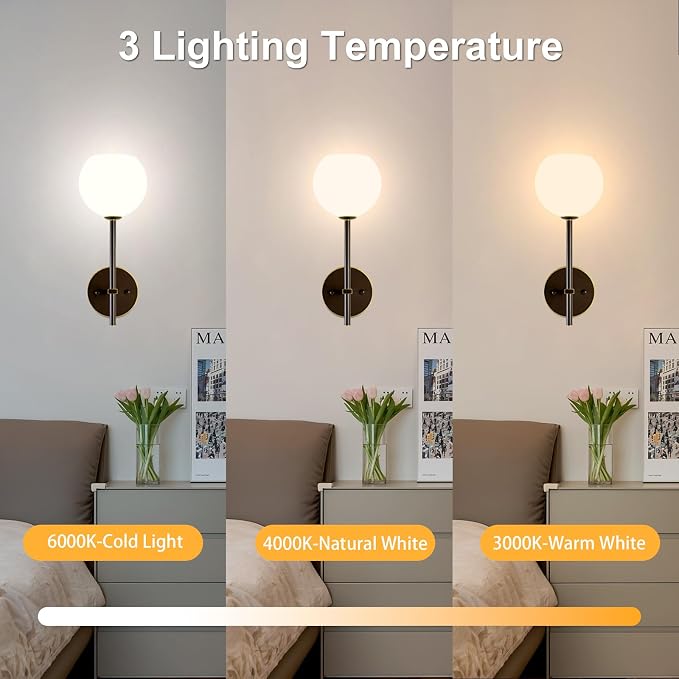Brown Gold Battery Operated Wall Sconces Set of 2, Rechargeable Wireless Wall Lights with Milky White Frosted Glass, 12 RGB and 3CCT Dimmable, Wall Lamps with Remote for Bedroom Living Room Hallway