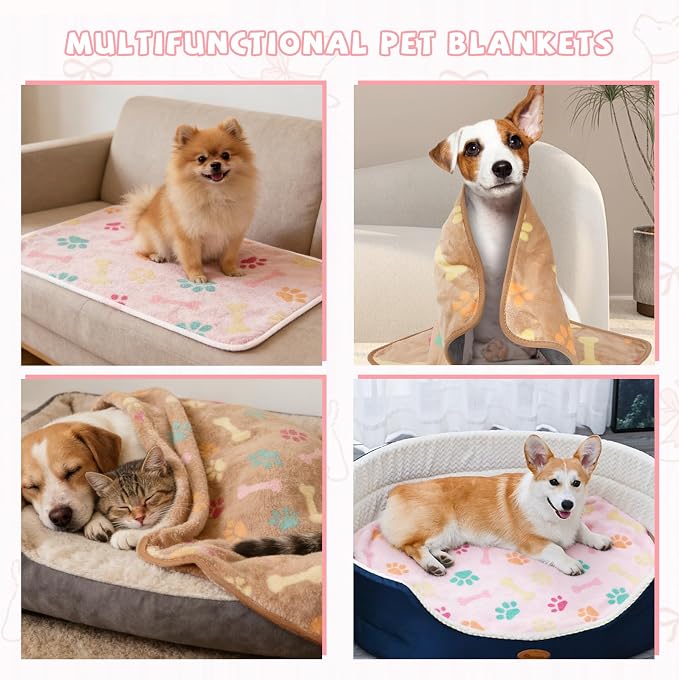 YUEPET 2 Pack Waterproof Dog Blankets, Washable Puppy Blankets 23 x 16 in | Pink/Brown Paw Set, Reversible Fleece Throw, Heat-Reflective Mylar Layer, Bed/Sofa/Car Protection, Small Dogs and Cats