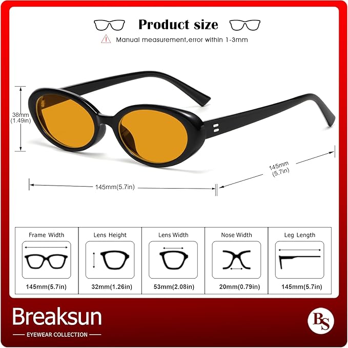 Breaksun Retro Oval Sunglasses for Women Men Fashion Small Oval Sunglasses 90s Vintage Shades