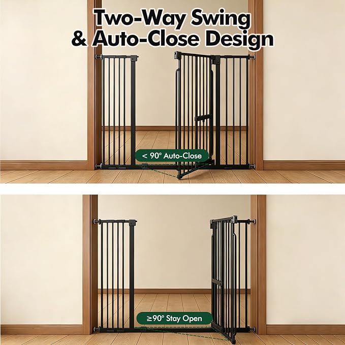 Adjustable Pet Gate 29.5-43“ with Cat Door, Black | U-Shaped Iron Gate, Two Installation Methods, Suitable for Stairs and Doorways
