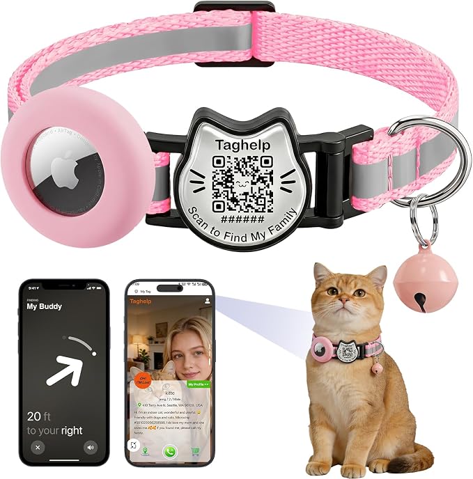 Cat Collar with AirTag Holder, QR Code Tag and Bell (Pink)