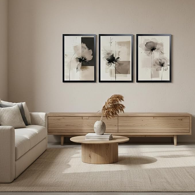 Neutral Abstract Floral Wall Art Black Framed Modern Large Minimalist Canvas Wall Decor Contemporary Beige Black Flower Posters Prints Picture for Living Room Bedroom Bathroom Office 16x24 In