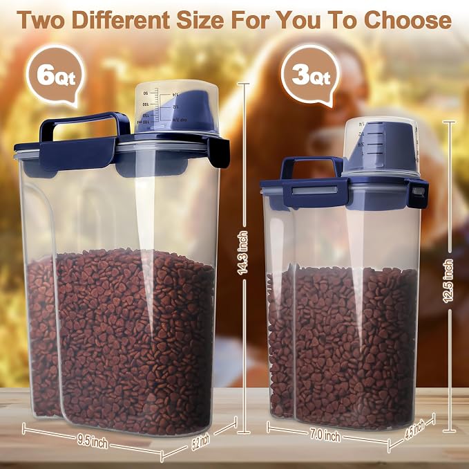 TIOVERY Dog Food Storage Container, 5-7 Lbs Airtight Pet Food Container, Cat food Container Dispenser with Portable Handle, Pouring Spout and a Collapsible bowl for Dogs Cats Navy Blue/6Qt