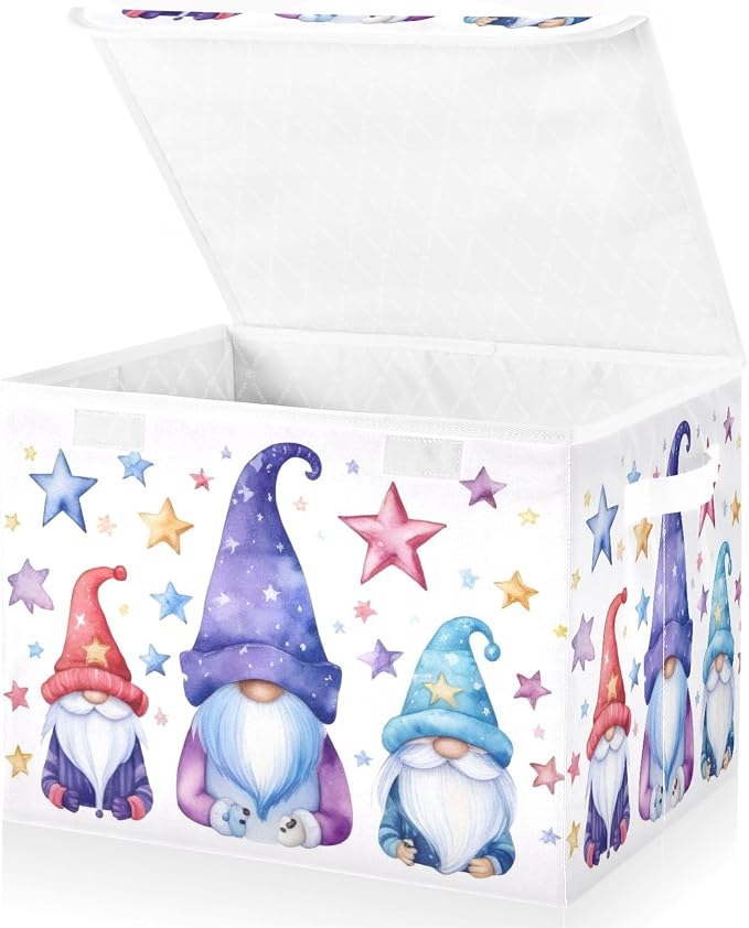 Cute Gnomes Storage Bins with Lids and Carrying Handle,Foldable Storage Boxes Organizer Containers Baskets Cube with Cover for Home Bedroom Closet Office