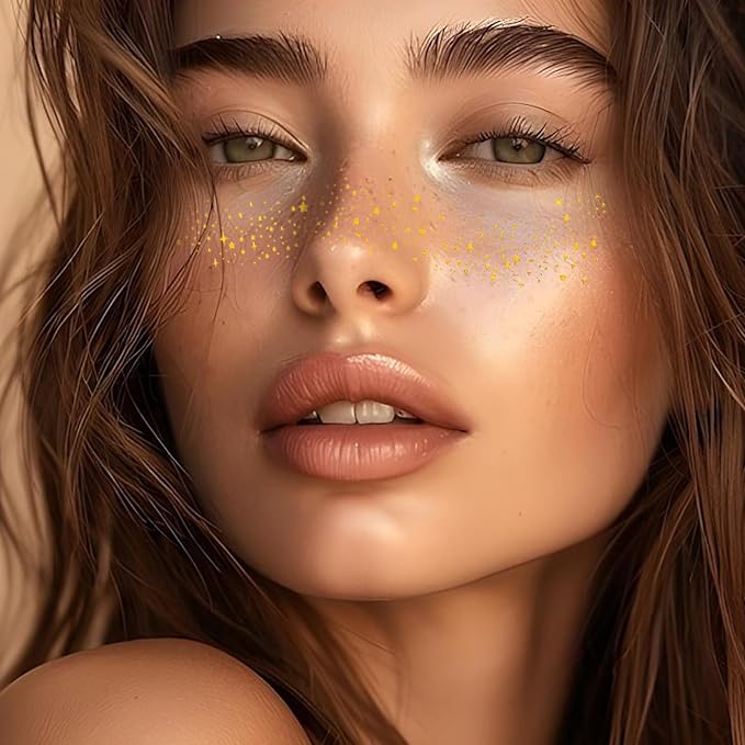 Glitter Freckles Face Tattoo, 10PCS Gold Glitter Freckles, 2 Styles Body Face Glitter for Women Girls, Cute Star Waterproof Glitter Makeup Patches, Country Concerts Singer Festival Rave Accessories