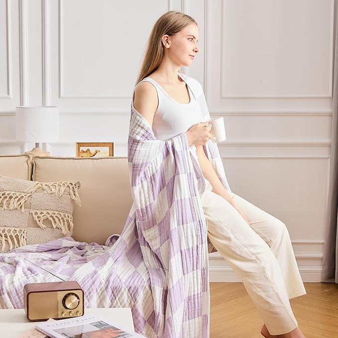 EMME Cooling Muslin Blanket for Adults - Checkered Lightweight Summer Cotton Throw Blankets of Rayon Derived from Bamboo for Hot Sleepers, Ultra Soft Breathable Gauze