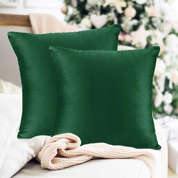 Throw Pillow Inserts Pack of 2 with Velvet Soft Solid Decorative Square Throw Pillow Covers Set for Sofa Couch Car Bedroom, 12X20 Throw Pillows Inserts with 12x18 Washable Cushion Covers, Hunter Green