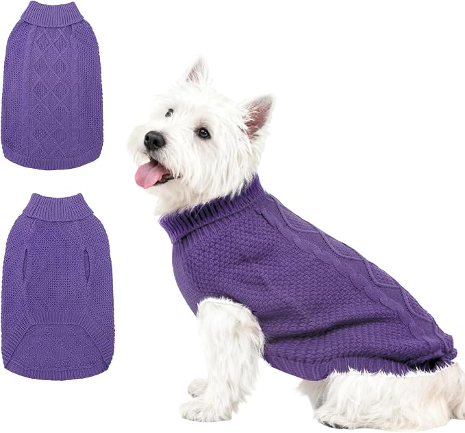 Mihachi Turtleneck Dog Sweater - Winter Coat Apparel Classic Cable Knit Clothes with Leash Hole for Cold Weather, Ideal Gift for Pet in New Year Light Purple SM