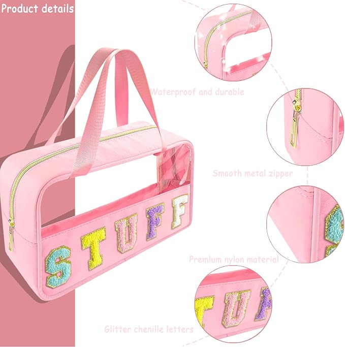 Chenille Letter Clear Makeup Bag Stuff Patch, Travel Toiletry Makeup Bag with Handle, Nylon Waterproof Makeup Bags clear cosmetic bag, preppy patch makeup bag for Women (STUFF-Pink)