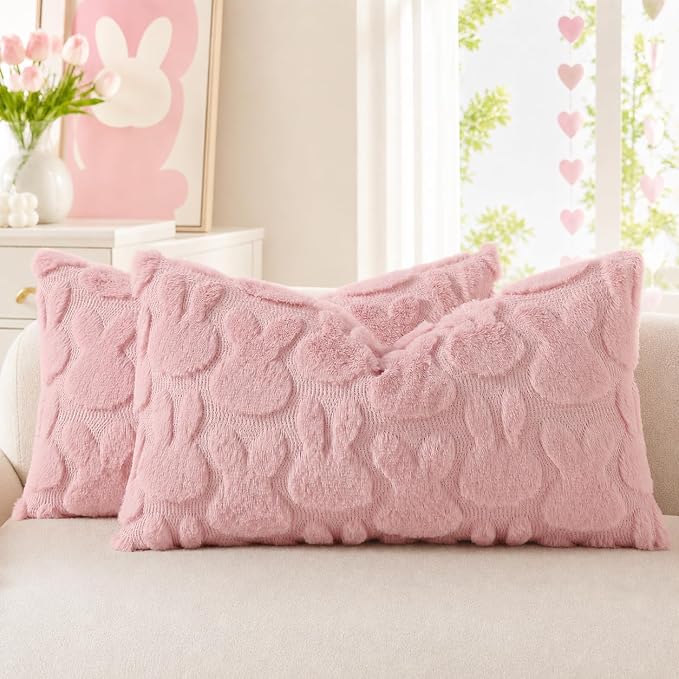 decorUhome Pink Faux Fur Bunny Throw Pillow Covers 12x20 Set of 2 | Plush Soft Wool Jacquard Pink Rabbit Cushion Covers, Modern Farmhouse Easter Holiday Decor PillowCases for Sofa Bed