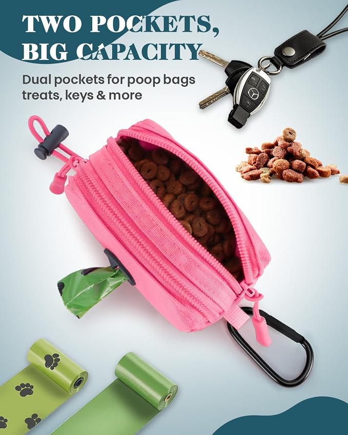 Dog Poop Bag Holder for Leashes, Pink Doggie Waste Bag Dispenser and Treat Holder, with Carabiner Hook and Poop Bag Clip, Used Waterproof Wear-Resistant Fabric and 2 Zippered Pouches for Walking