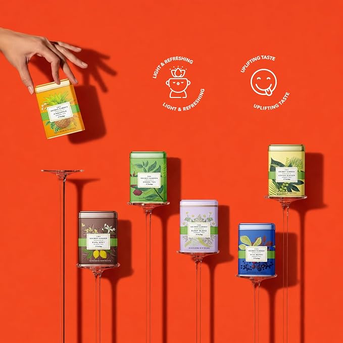 Life Plus Style Gourmet The Secret Garden Organic Tea Collection 6 Assorted Tins 90 Tea Bags Green Black and Herbal Blends with Fruit Infusions for Wellness Ideal for Gifting