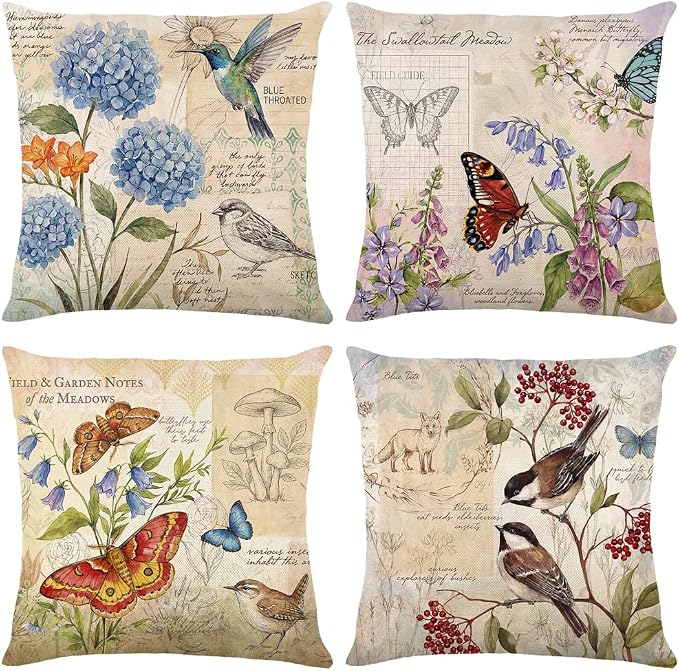 wyooxoo Farmhouse Pillow Covers 20x20 Set of 4 Spring Summer Throw Pillow Covers Linen Flower Butterfly Bird Decorative Pillowcases for Sofa Couch Living Room Outdoor