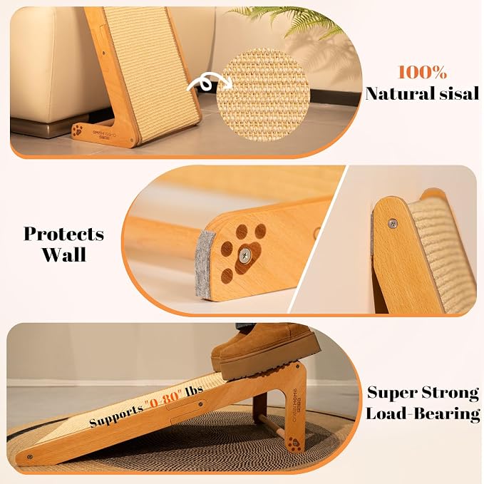 Sisal Cat Scratcher Ramp for Indoor L-Shape Solid Wooden | Vertical Cat Scratching Post. Natural Sisal Cat Scratch Pad. Sturdy Beech Frame. Moisture-Resistant Cat Furniture