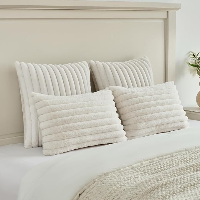 FUTEI Pack of 2 Faux Fur Throw Pillow Covers 12x20 Inch, Cream White | Fluffy Faux Rabbit Fur Front/Premium Velvet Back,Hidden Zipper,Machine Washable,Non-Shedding,Colorfast,Insert Not Included.