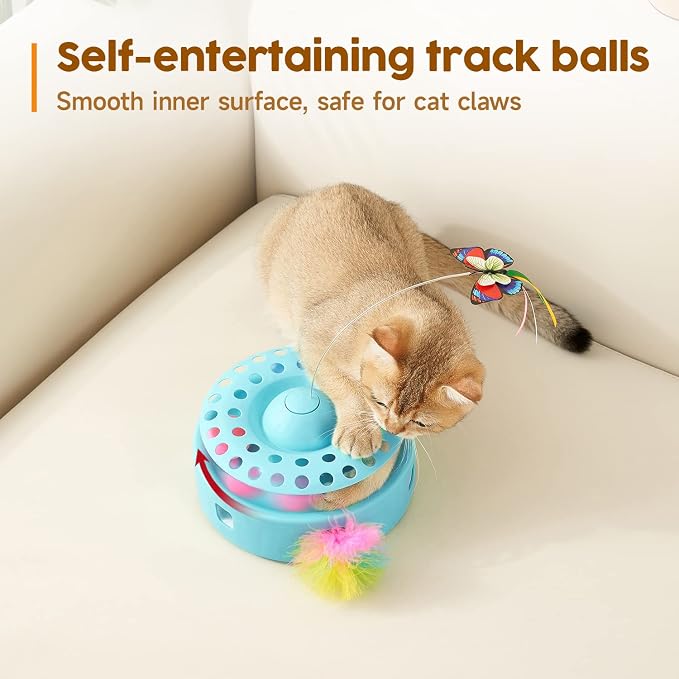 Potaroma Cat Toys 3-in-1 Automatic Interactive Kitten Toy, Fluttering Butterfly, Random Moving Ambush Feather, Track Balls, Dual Power Supplies, USB Powered, Indoor Exercise Cat Kicker (Blue) | Fluttering Butterfly, Random Moving Feather, Balls, Dual P...