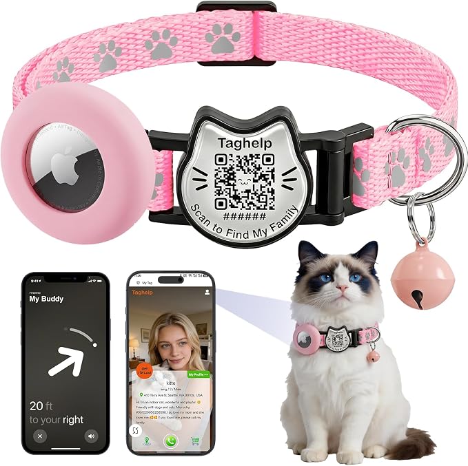 Cat Collar with AirTag Holder, QR Code Tag and Bell (Pink, Paw Pattern)
