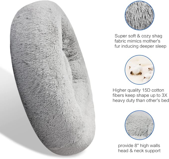 SAVFOX 36 inches Calming Donut Dog Bed - 3X Durable Plush Faux Fur, Machine Washable & Non-Slip, Fits up to 100 lbs, Light Grey