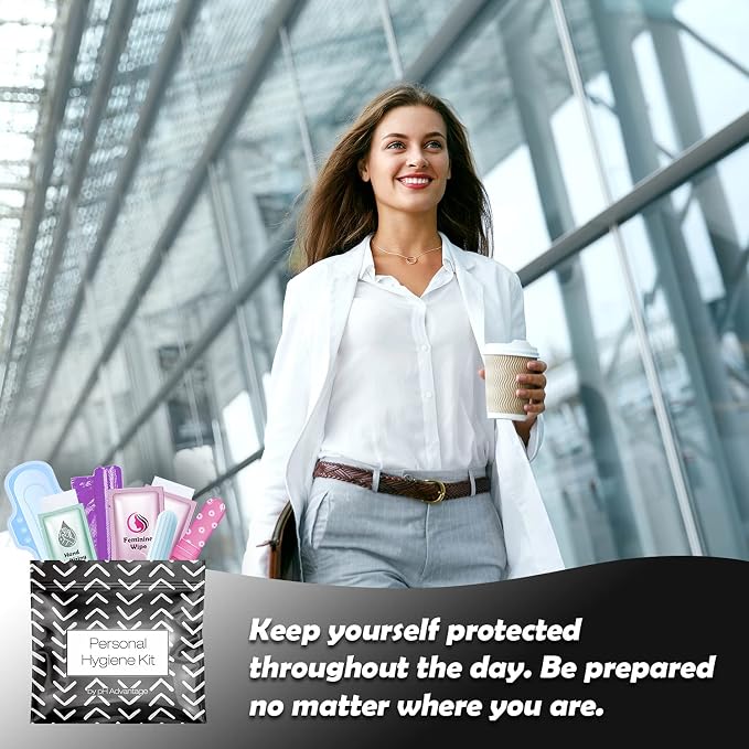Menstrual Kit All-in-One | Convenience on The Go | Single Period Kit Pack for Travelling, Tweens & Teenagers | Individually Wrapped Feminine Hygiene Products (Black Treads)
