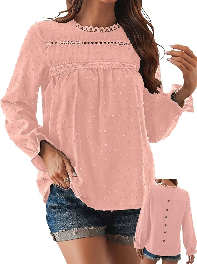 Womens Boho Tops Long Sleeve Shirts For Women Cute Crewneck Blouse Dressy Casual Swiss Dot Crochet Hollow Top 2026
