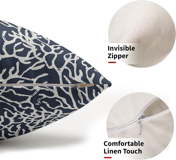 Nautical Coastal Coral Lumbar Pillow Covers 12x20 Inch Set of 2 Summer Ocean Beach Navy Blue Decorative Pillow Cases Outdoor Linen Cushion Cover Farmhouse Decor for Bedroom Home Sofa Couch Bed