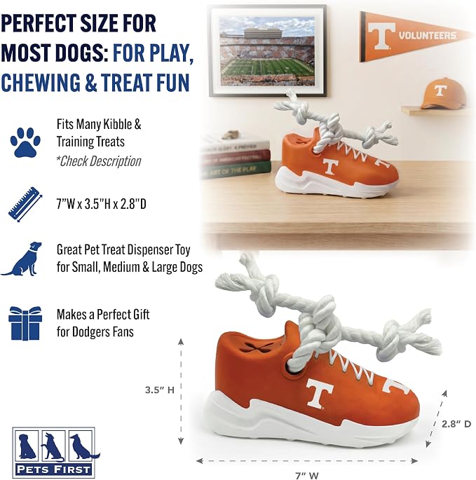 NCAA Tennessee Volunteers Cleat Sneaker Spike Dog Toy, Treat Dispenser Chew Toy for Dogs, Interactive Rope Tug Toy, Slow Feeder Natural Rubber Dog Toy with Official Team Logo for Puppies & Adult Dogs