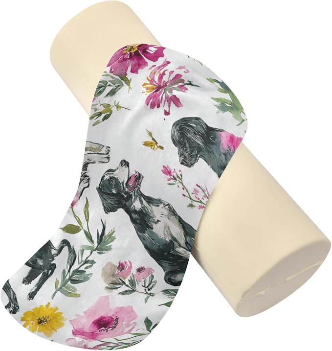 Watercolor Dogs Flowers White Neck Roll Pillow Bolster Round Health Memory Foam Long Cervical Cylinder Pillows with Removable Washable Cover for Body Bed Legs Back Yoga