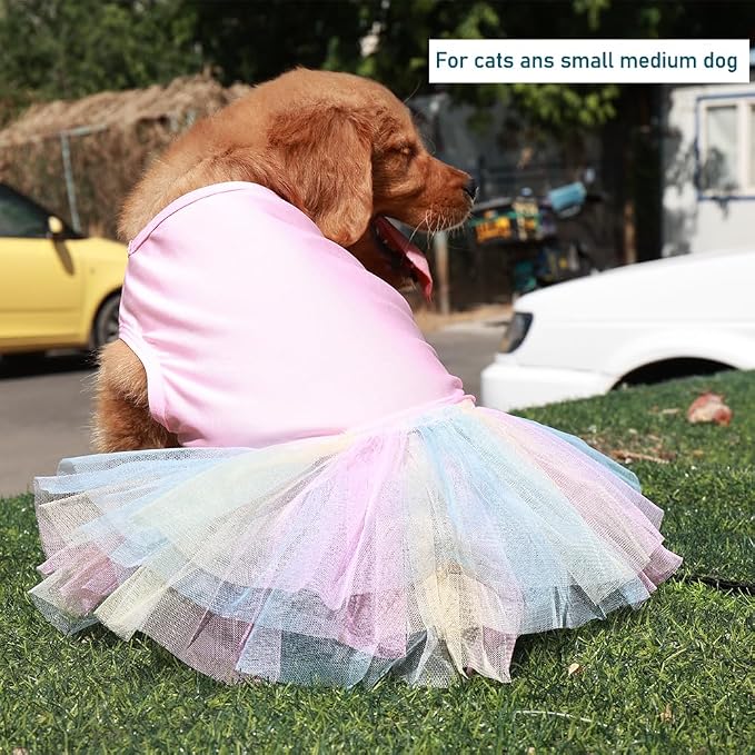 ANIAC Pink Dog Dress, Summer Clothes for Small Girl, Spring Puppy Princess Dress, Cat Outfit, Pet Clothing for Cats Kitten Chihuahua Yorkie, Rainbow (Large, Pink)