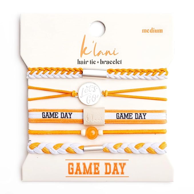 K'lani Game Day Hair Tie Bracelets – 5-Pack Stretchy No-Crease Hair Ties & Stylish Bracelets – Team Color Accessory for Hair or Wrist - Orange & White, Large