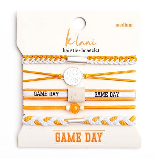 K'lani Game Day Hair Tie Bracelets – 5-Pack Stretchy No-Crease Hair Ties & Stylish Bracelets – Team Color Accessory for Hair or Wrist - Orange & White, Large