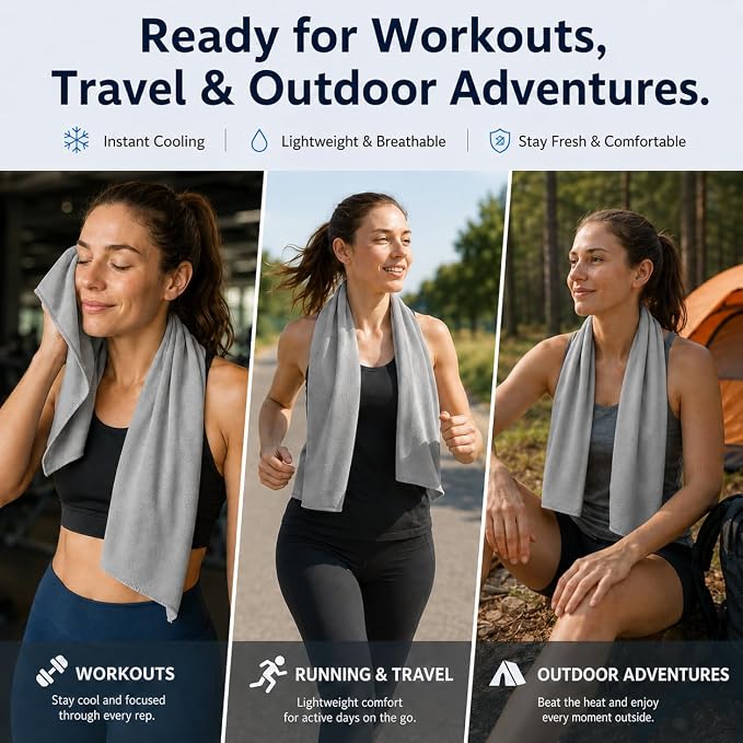 Cooling Towel for Neck and Face - 43.3" x 15.7" - Quick-Dry Microfiber - Ideal for Hot Weather, Gym, Fitness, Camping, Yoga - Light-Gray