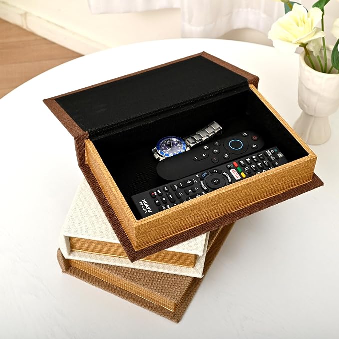 DECOR4SEASON Modern Linen and Wood Decorative Book Boxes, Set of 3 Earthy Neutral Faux Books for Bookshelf Decor, Coffee Table Storage Trays for Remotes & Jewelry, Brown, Taupe, and Off-White