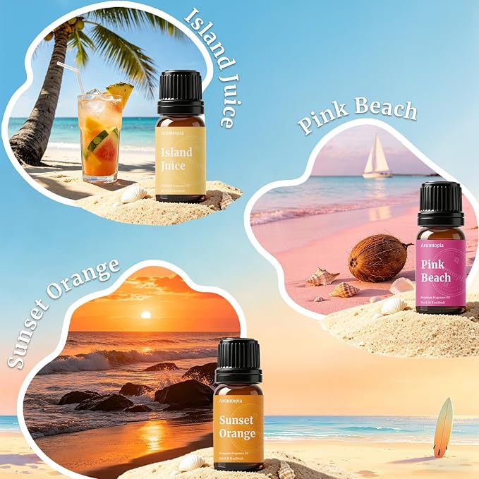 Beach Essential Oils, Aromtopia Diffuser Fragrance Oils Set, 6x10ml, Essential Oils for Diffusers for Home, Candle Soap Making Scents, Pink Beach, Ocean Drift, Coastal Breeze and More