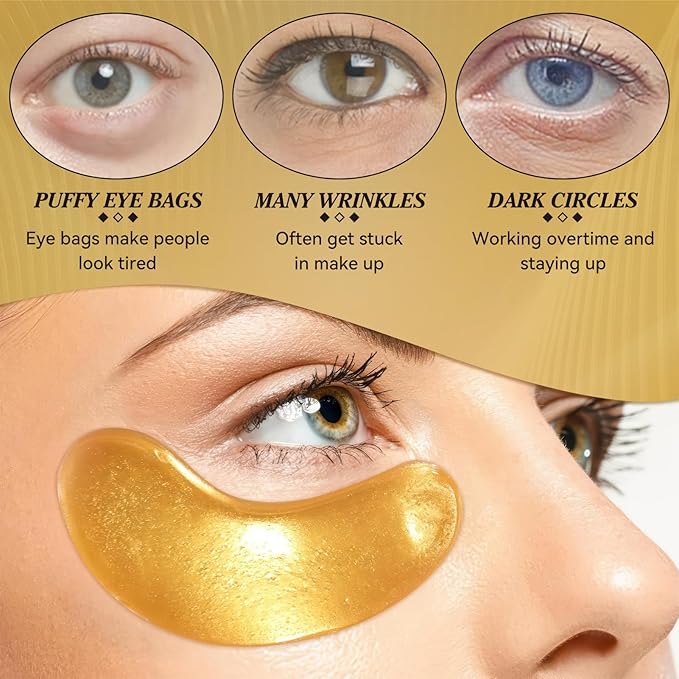 24k Gold Under Eye Patches, 60 Pcs Hydrogel Eye Mask Skincare with Collagen and Hyaluronic Acid for Puffiness, Dark Circles and Fine Lines, Cooling Under Eye Mask for Women and Men