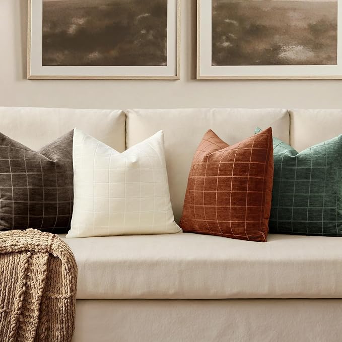 MIULEE Fall Burnt Orange Plaid Euro Throw Pillow Covers 24x24 Set of 2 | Vintage, Check Chenille Couch Pillows, Neutral Boho Farmhouse Cushion Covers, Modern Home Decor for Sofa Bed Living Room