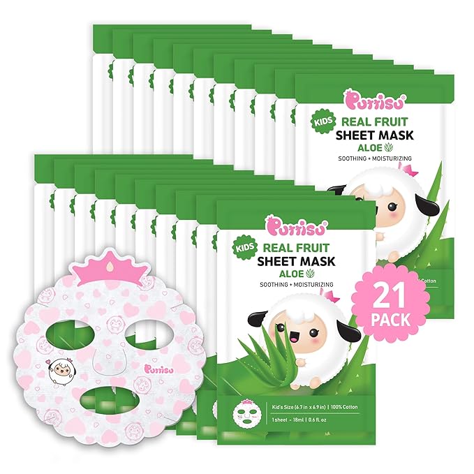 Puttisu Real Fruit Facial Mask Sheet for Kids, Children - Made with 100% Cotton, Moisturize, Sooths and Hydrates Skin (Aloe - Pack of 21)
