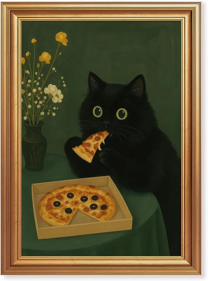 ICHZUMW Gold Framed Funny Black Cat Eating Pizza Canvas Wall Art, 16x24 In | Quirky Cat Print Humorous Animal Kitchen Wall Decor, Dining Room Bedroom Living Room, Fade Resistant, Ready to Hang