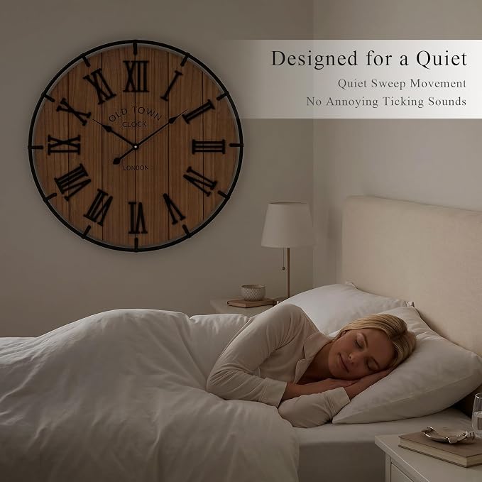 EMAX HOME Inch Large Farmhouse Wall Clock, 3D Raised Roman Numerals on Wooden Background, Silent Quartz Movement, Black Metal Frame for Easy Reading in Entryway, Hallway, or Dining Room