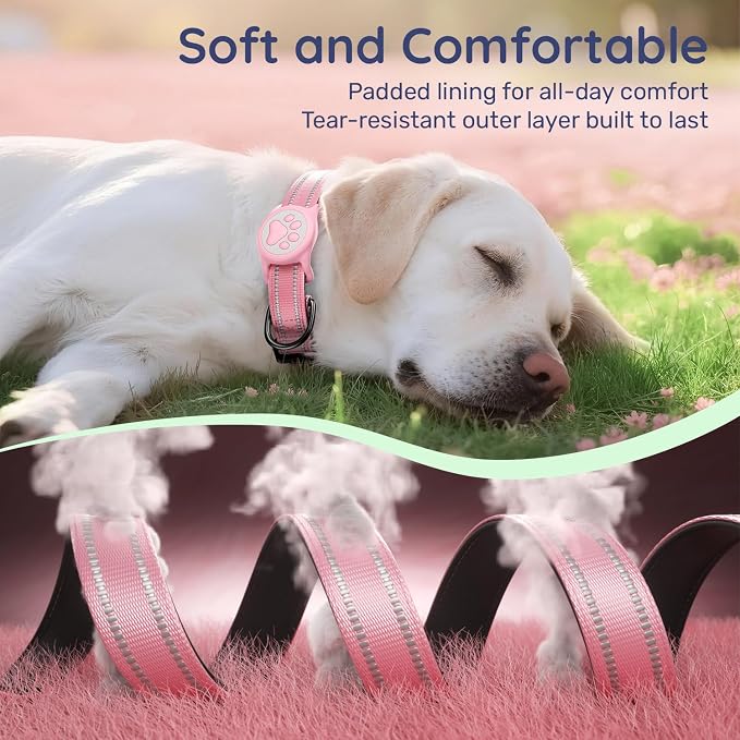 Premium Airtag Dog Collar，with IP68 Waterproof AirTag Holder,Pink,L | Soft,Breathable,Nylon Padded,Reflective,Ultra-Durable Buckle,Adjustable,Comfortable for Small Medium Large Dogs