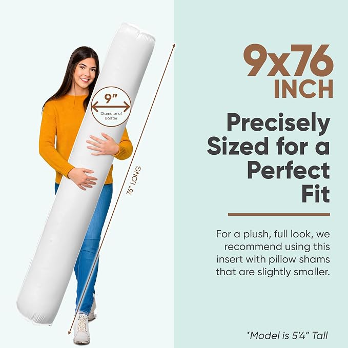 Pillowflex Bolster Pillow (9x76) - Round Roll Pillow Bolster Insert, Plush Polyester-Filled Insert for Decorative Shams, Odorless, Lint and Dust-Free Polyester Filling, No Lumps - (White)