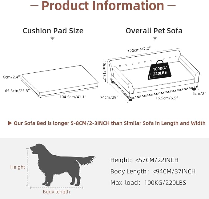 XL Leather Dog Sofa: Scratch Resistant Pet Couch up to 132lbs Gray | Extra Large Luxury Indoor Dog Furniture, Elevated Wooden Frame Jumbo Pet Lounge Bed, Easy Clean, Replaceable Cover