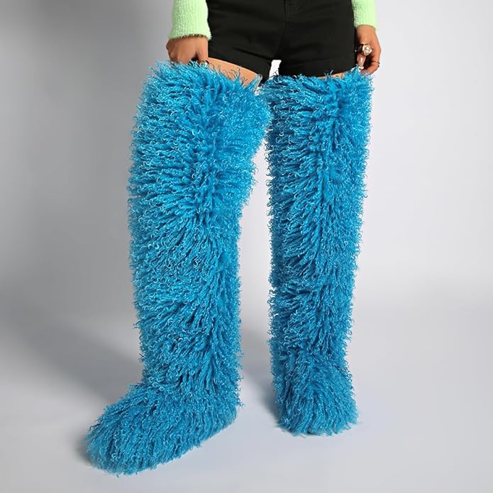 SWEETHEART BEAUTY Thigh High Shagy Teddy Fur Boots, 29 Inch Over the Knee Length Fluffy High Boots, Tall Furry Shoes For Women