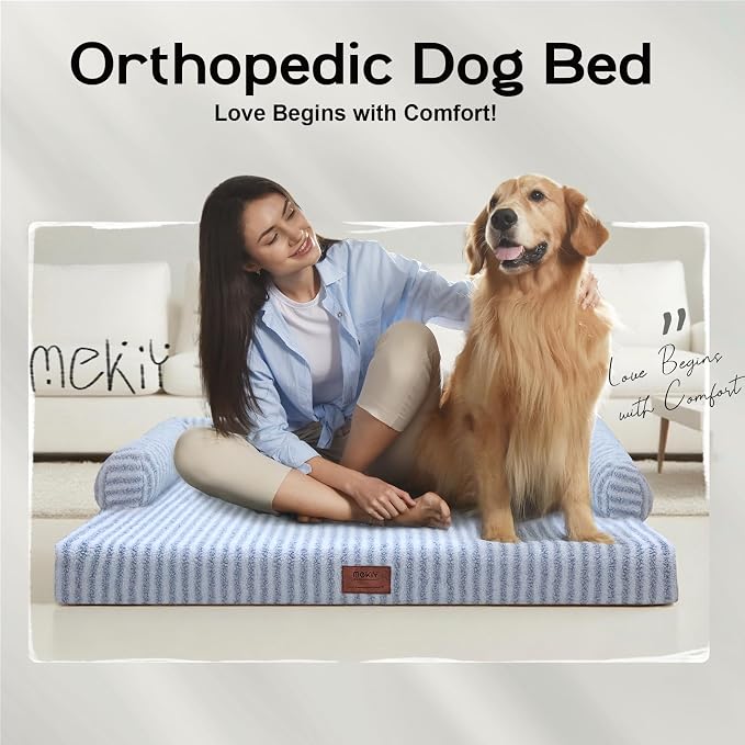 Orthopedic Washable Dog Bed with Bolster for Medium to Large Dogs | Pillow Support for Neck Relief, Egg Crate Foam, Waterproof Liner, Anti-Slip Bottom, Removable Bolster Cover, 36 x 27 Inch